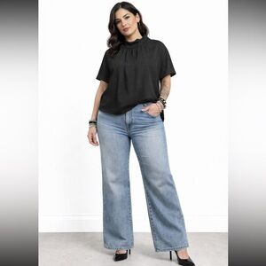 Nordstrom Blouse Top Women's XL Black Short Sleeve Flowy Feminine Career EUC